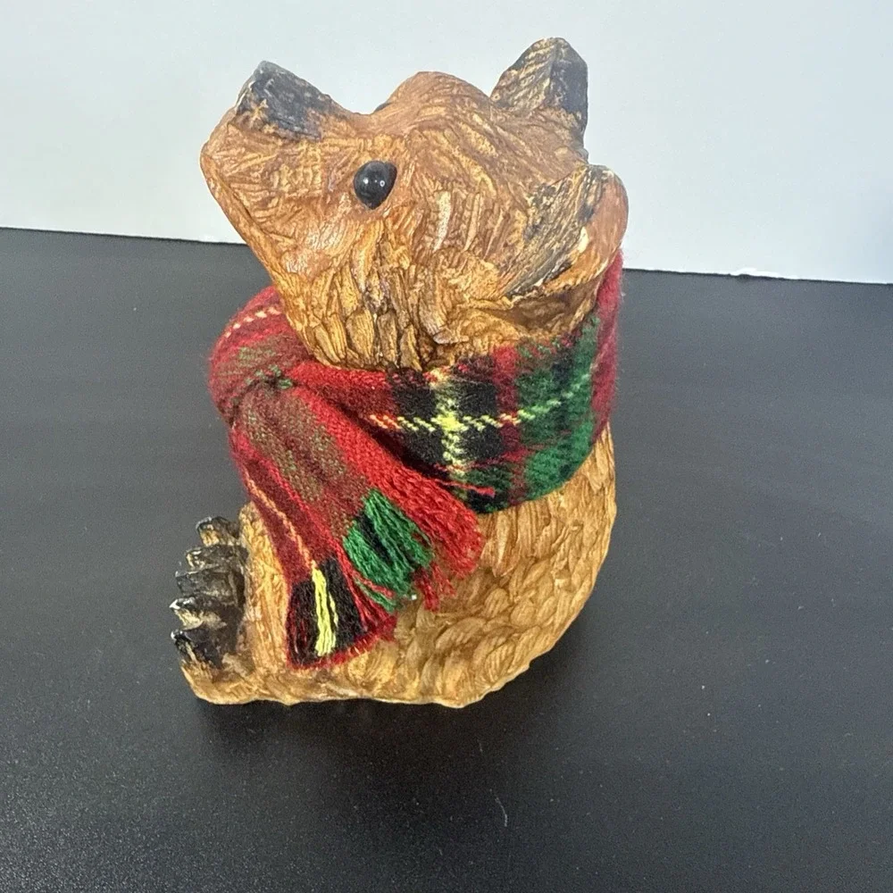 Grizzly Bear Figure Carved‎ Look Resin Wearing A Plaid Scarf Pre Owned